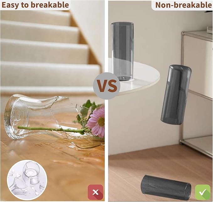 Flower Vase, Non-breakable Vases, 6" W x 10" H, Acrylic Grey Vase, Aesthetic Room Decor Cylindrical Modern Flower Vases for Table Centerpiece, Home Decor, Women Floral Arrangement Gift