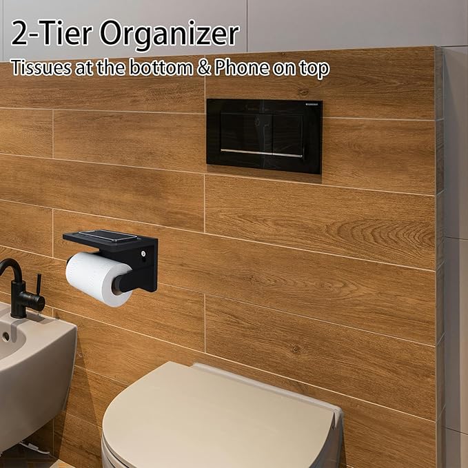 Drill-Free Toilet Paper Holder with Phone Shelf Bamboo Wall-Mounted, No-Drill & Drillable, Bathroom Storage Organizer, Space Saver Tissue Roll Rack for Bathroom, Kitchen, Home Decor (Black)