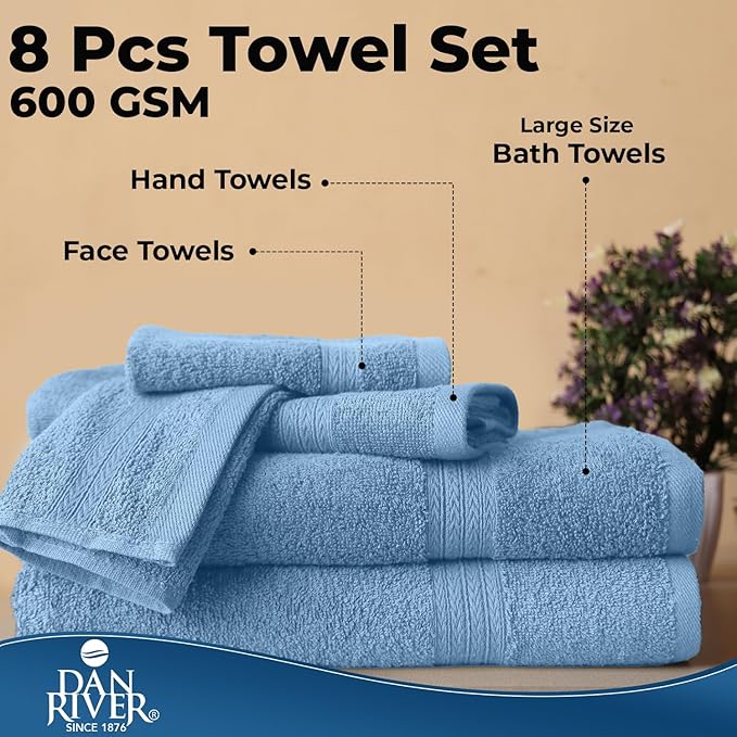 DAN RIVER 8 PC Luxury Bath Towels for Bathroom, 2 Bath, 2 Hand, and 4 Wash Cloths, 600 GSM 100% Ring Spun Cotton Towel Set, Highly Absorbent, Gym, Hotel, and Spa, Medium Blue
