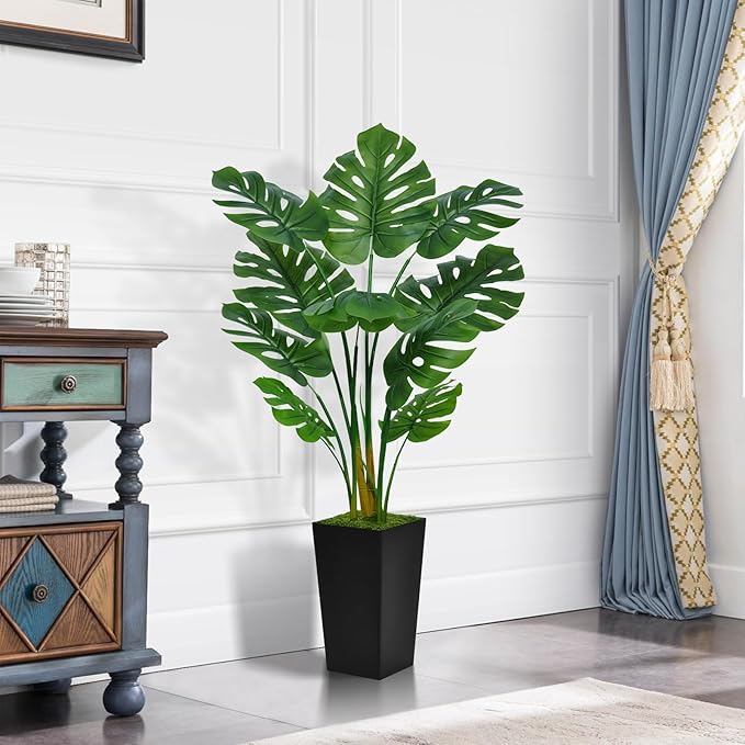 Artificial Monstera Deliciosa Plant 5FT - Faux Tropical Palm Tree with Black Tall Planter - Fake Swiss Cheese Floor Plant in Pot - Artificial Tree for Home Office Living Room Decor Indoor