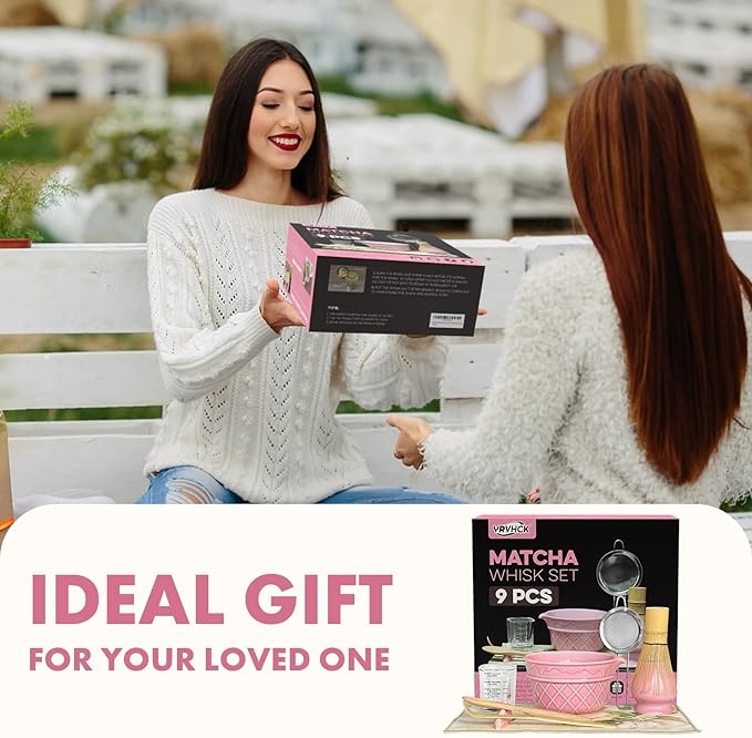 Matcha Whisk Set,9 Pcs Matcha Set with Matcha Bowl,Spout, Bamboo Whisk, Spoon Stand, Scoop, Sifter, Towel, Teaspoon and Glass Measuring Cup for Making Breakfast/Latte, Gift for Matcha Lover, Pink