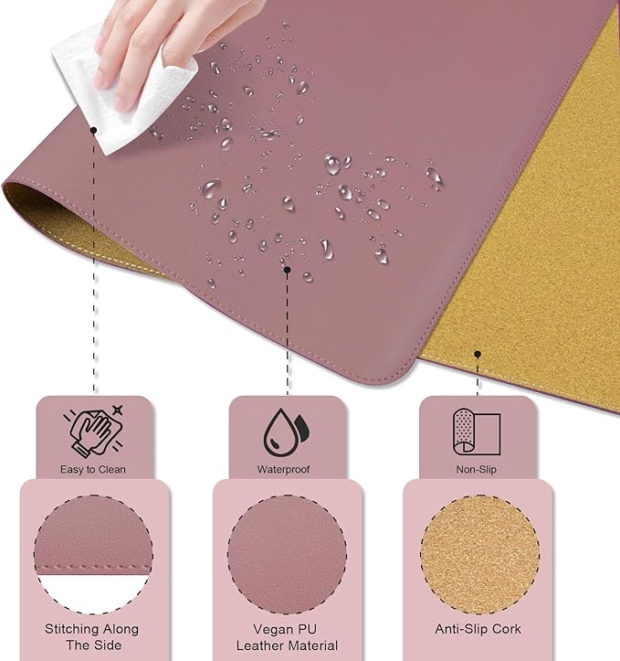 PU Leather & Cork Desk Blotter, Office & Home (Purple Pink) - Non-Slip Keyboard & Mouse Mat, 47.2" x 17"