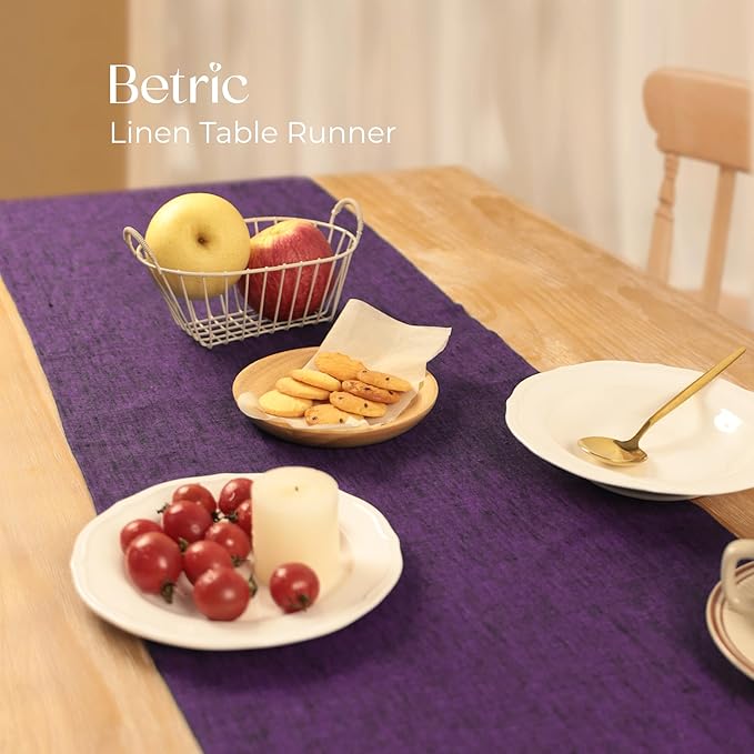 100% Pure Linen Table Runner - 14 x 90 Inch Dresser Scarf for Farmhouse Dining Table, Perfect for Fall, Thanksgiving, and Christmas -Athena -Grape