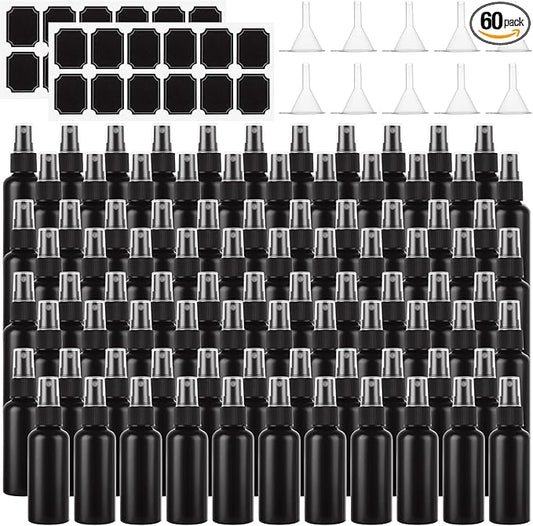 60 Pack Small Spray Bottle 2 oz Black Spray Bottle with Small Fine Mist Spray and Plastic Cap, Refillable for Essential Oils, Bath, Beauty, Hair & Cleaning