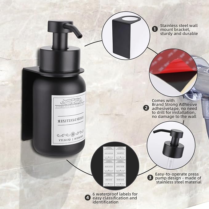 Black Soap Dispenser Wall Mount for Bathroom - 8.5 Oz Glass Hand Soap Dispenser with Pump and Drill-Free Wall Mount Holders, Shower Soap Dispenser with Waterproof Labels
