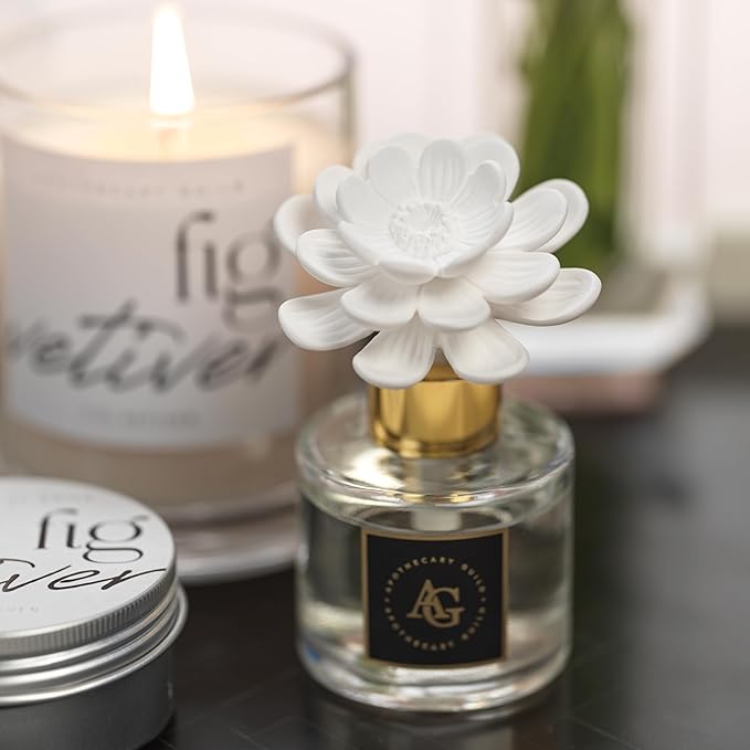 Zodax Apothecary Guild Blush Porcelain Oil Diffuser - Home Fragrance Diffuser Ideal for Living Room, Bathroom, Office - Makes a Great Gift - Porcelain Flower Design - Fig Vetiver - 1.69 Oz.