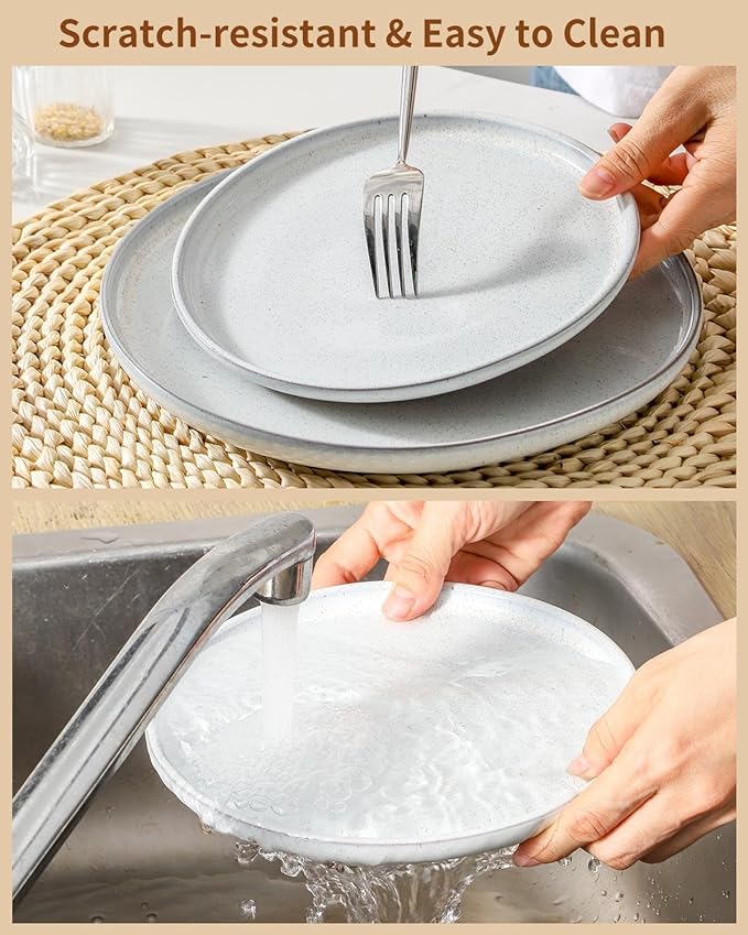 HASENSE Plates and Bowls Sets, 18 Pieces Porcelain Dishes Sets Service for 6, Stoneware Dinnerware Sets with Speckled Pattern, Scratch Resistant Microwave and Dishwasher Safe, Bluish White