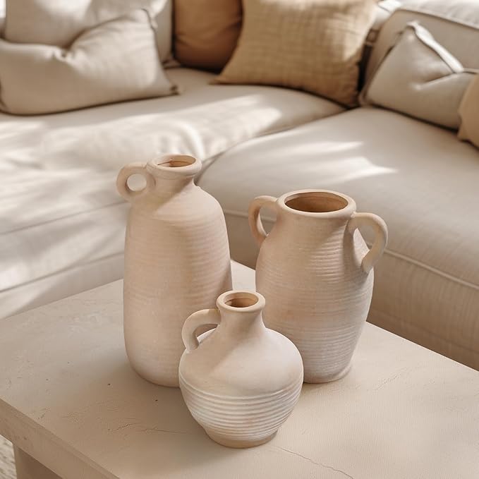 Sunddo Terracotta Vase with 2 Handles, 8 inch Rustic Ceramic Vase, Farmhouse Decor, Table Living Room Bedroom Fireplace Decor