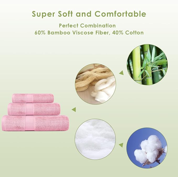 3-Piece Luxury Bath Towels - Super Soft, Highly Absorbent - Pink - For Face & Body - Adults & Kids