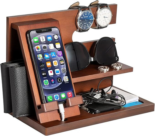 Wood Phone Docking Station - Gifts for Men Desk or Nightstand Organizer - Birthday Gifts for Husband, Fathers Day for Dad - Anniversary Idea from Wife - Key Holder, Stand Wallet, Watch & Essentials