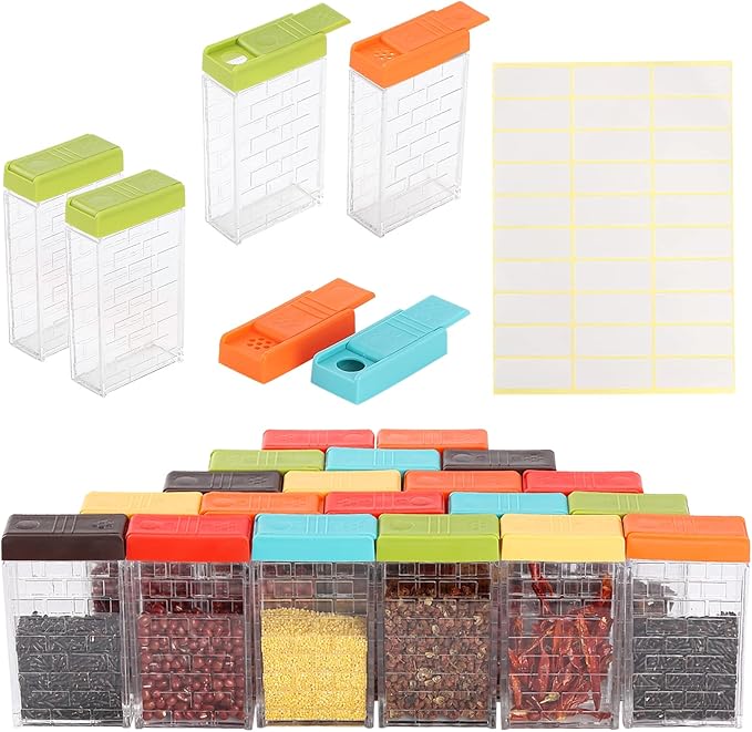 URALFA 24 Travel Spice Containers with 2-in-1 Lids, Seasoning Containers with Labels Spice Jars with Shaker Lids, Travel Spice Kit Empty Plastic Salt Pepper Shaker, Seasoning Shaker for Camping BBQ