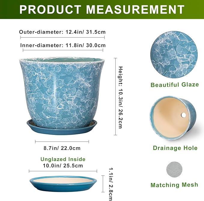 12 Inch Pots for Plants - Ceramic Planter with Drainage Hole and Saucer, Round Large Plant Pot for Indoor Outdoor, Modern Decorative Planters, Home Apartment Decor, House Warming Gift, Blue
