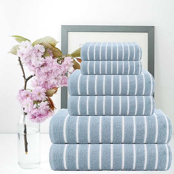 CASA COPENHAGEN Ecstatic 6 Pieces Towel Set- Dusty Blue, 600 GSM 2 Bath Towel 2 Hand Towel 2 Washcloth, Designed in Denmark Made of Soft Egyptian Cotton for Bathroom, Kitchen & Shower