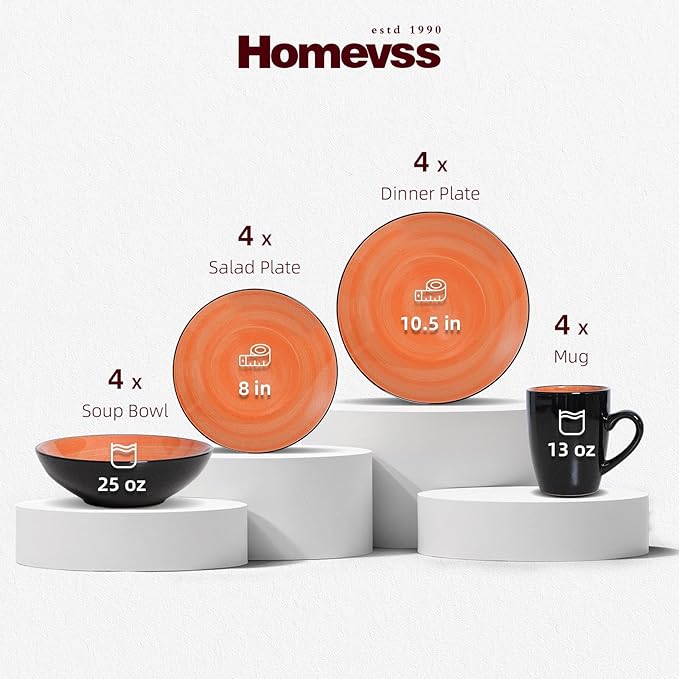 Sonoma 16 Piece Stoneware Dinner Set, Outside Black + Inside Handpainted Color Orange with speckle