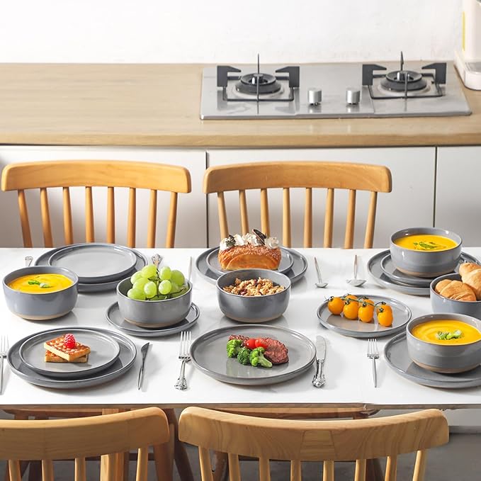 HASENSE Stoneware 18 Pieces Plates and Bowls Sets, Porcelain Dinnerware Sets for 6, Ceramic Dishes Sets with Speckled Pattern, Scratch Resistant Microwave and Dishwasher Safe, Dark Gray