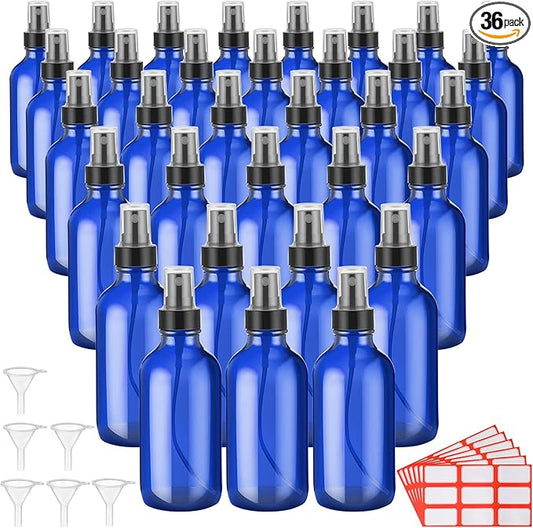 Fumete 36 Pcs Glass Spray Bottles 4oz Fine Mist Glass Spray Bottle Refillable Liquid Containers with 6 Labels 6 Funnel for Hair Travel Plants Cleaning Solutions Skin Care(Blue,Simple)