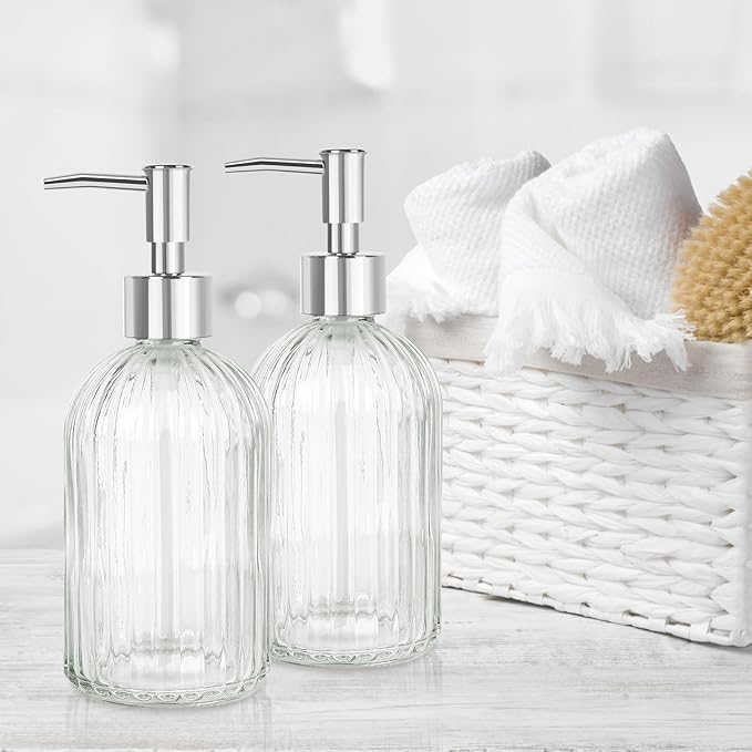 Glass Soap Dispenser with Plastic Pump, Hand Soap Dispenser for Hand Wash, Lotion Dispenser for Dishwashing Liquid, Lotion Shower Gel (Striped Transparent)