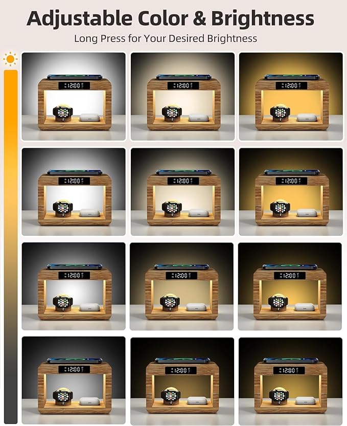 Bamboo Wireless Charging Station,Wireless Charger with Digital Alarm Clock and Night Light,Fast Charger Stand Compatible with iPhone17/16/15/14/13/12/11 Pro Max/X/Xs/AirPods Pro/iWatch Series