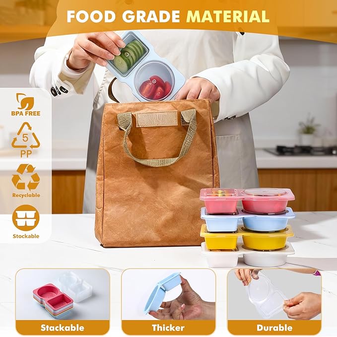 20 Sets Reusable Snack Containers with Lids, 2-Compartment BPA-Free Portion Control Containers for Kids Lunch, Meal Prep & On-the-Go, Refrigerator & Microwave Safe with 10 Animal Forks (4 Color)