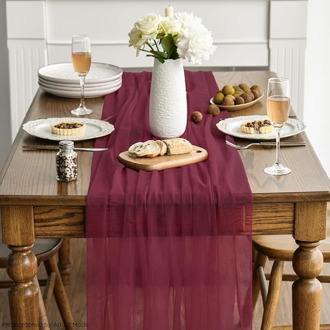 Artoid Mode 6PCS Burgundy Gauze Table Runner 120 Inch 10FT, Seasonal Sheer Kitchen Dining Holiday Wedding Birthday Baby Shower Table Decor for Home Party