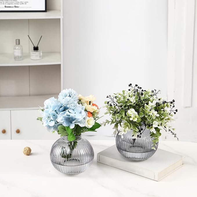 Round Glass Vases, Set of 2 Small Vases for Flowers, Black Glass Vase for Tulips, Modern Vase for Living Room, Office, Coffee Table, Shelf, Wedding, 5 Inches