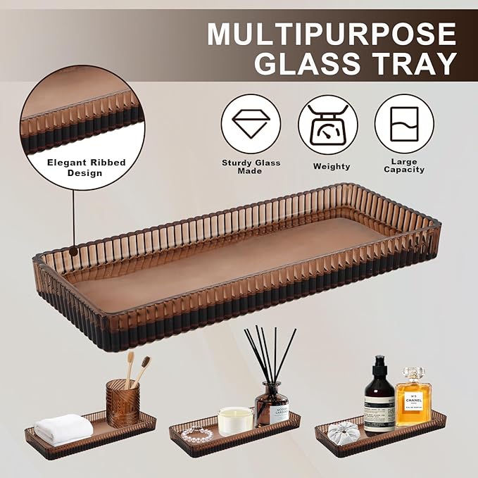 Bathroom Accessories Set,4 Pcs Amber Glass Bathroom Accessories Sets Complete with Lotion Soap Dispenser,Toothbrush Holder,Qtip Holder Dispenser and Vanity Tray,Bathroom Countertop Vanity Organizer