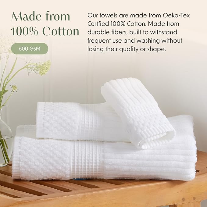 Springtree Home 100% Cotton Bath Towel Set of 4 | Super Soft & Absorbent with Quick-Dry Fibers | 4 Bath Towels | Textured and Durable Cotton | Krista Collection - Bright White