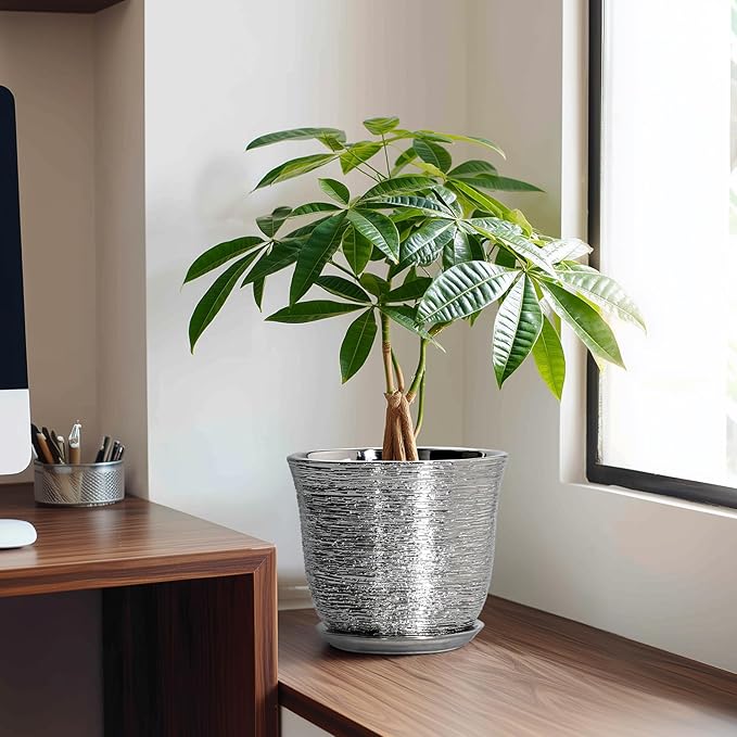 Ceramic Pots for Plants - 8 Inch Plant Pot with Drainage Hole and Saucer, Round Planters for Indoor Outdoor, Modern Planter, Decorative Flower Pots, Home Decor, House Warming Gifts, Silver