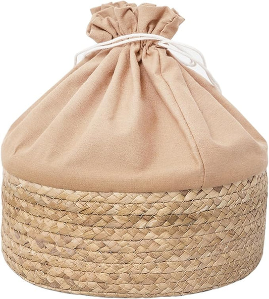 Round Gourd Grass Woven Storage Basket with Liner - Small Woven Baskets for Organizing Kitchens Closet Shelves Bathrooms and Laundry Rooms - Round Basket (One Large)