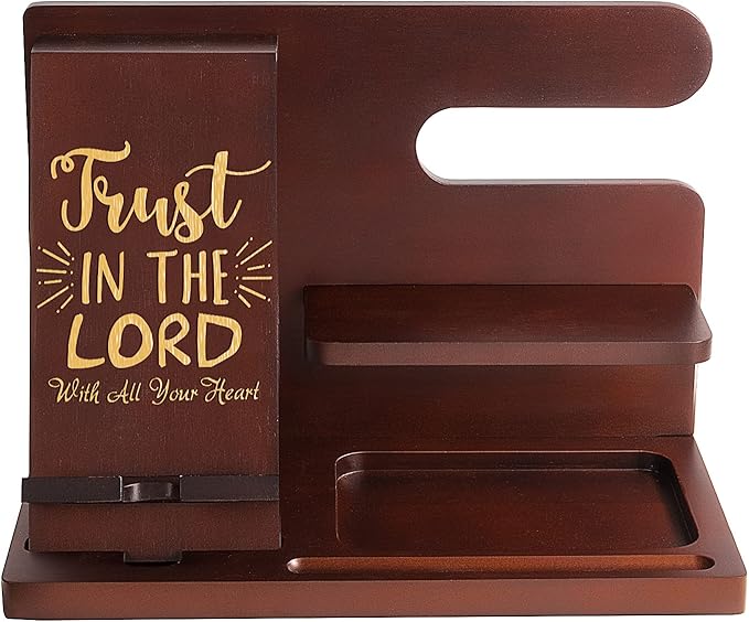awofer Personalized Wood Phone Docking Station For Men - Trust In The Lord - Key Holder Wallet Stand Watch Organizer Men Gift Husband Boyfriend Dad Son Birthday Christmas Gifts With Bible Verse