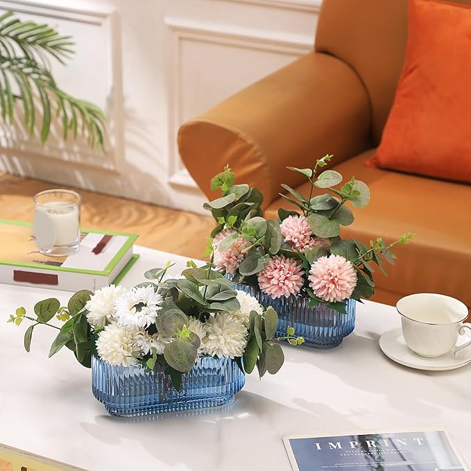 Ribbed Glass Vases, Small Vases for Flowers Set of 2, Blue Glass Vases, Vases for Centerpieces, Bud Vases, Rectangle Vases for Living Room, Bedroom, Kitchen, Dining Table, Shelf, Wedding