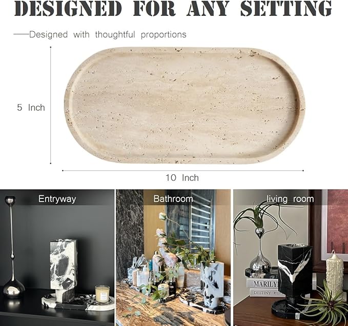 100% Natural Travertine Stone Tray for Perfume, Jewelry, Candle & Trinket Holder – Light Beige Stone Vanity Organizer for Bathroom, Coffee Table, or Living Room, 10"x5", Non-Resin/Ceramic
