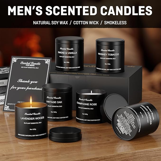 Scented Candles Gift Set for Men | 6 Pack Soy Wax Candles with Matte Black Tins | Men‘s Aromatherapy Candles for Home, Work,Party | Men Jar Candle Set Gifts for Father's Day and Christmas