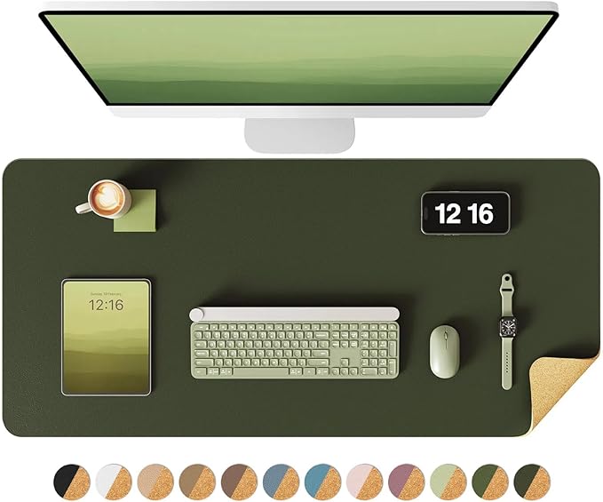 YSAGi Double-Sided Desk Pad, 35.4"x17" Leather Desk Mat, Eco Cork Desk Pad Protector,Large Mouse Pad,Waterproof Desk Blotter for Office/Home (Dark Green/Cork)