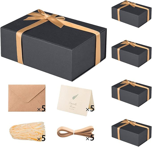 LIFELUM Extra Large Black Gifts Boxes Bulk Set of 5,13.5 x 10 x 4 inch Elegant Gift Boxes with Magnetic Lids, Card,Sticker,Ribbon, Shredded Paper Filler Groomsman Gifts