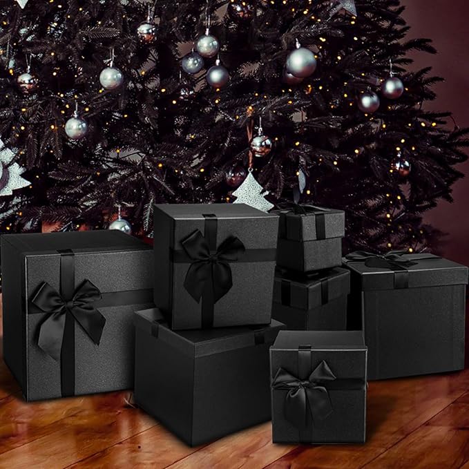 Tenceur 10 Pcs Gift Boxes with Lids Heavy Duty Nested Assorted Sizes Cardboard Gift Boxes for Presents with Ribbon for Xmas Holiday Present(Black,10 Size)