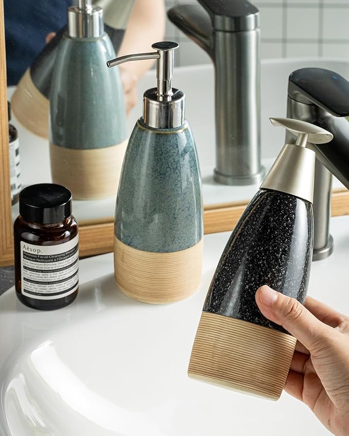 Ceramic Dish Soap Dispenser with 2 Pumps for Hand Soap, Shampoo, Lotion, Conditioner, 12 oz Refillable Soap Bottle with Silicone Funnel for Thanksgiving Chiristmas Bathroom & Kitchen, Black