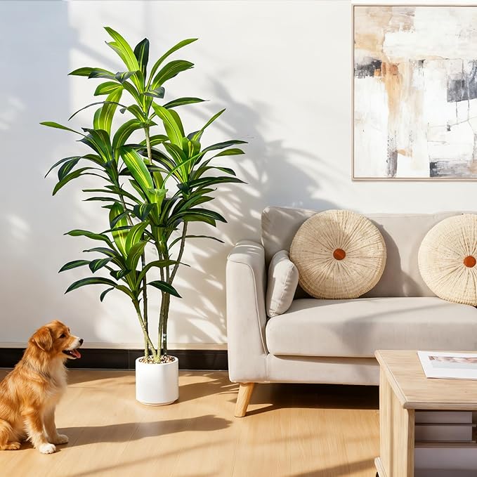 5FT Artificial Dracaena Tree, Faux Dracaena Plant with Stones in White Round Planter, Tall Fake Floor Plant for Indoor Home Office Living Room Decor