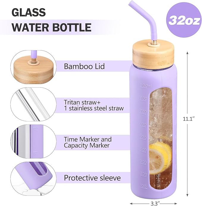 32oz Glass Water Bottle with Straw and 2 Lids- Bamboo and Spout Lid,Motivational Sports Water Bottle with Silicone Sleeve and Time Marker,Reusable for Gym, Outdoors, Purple