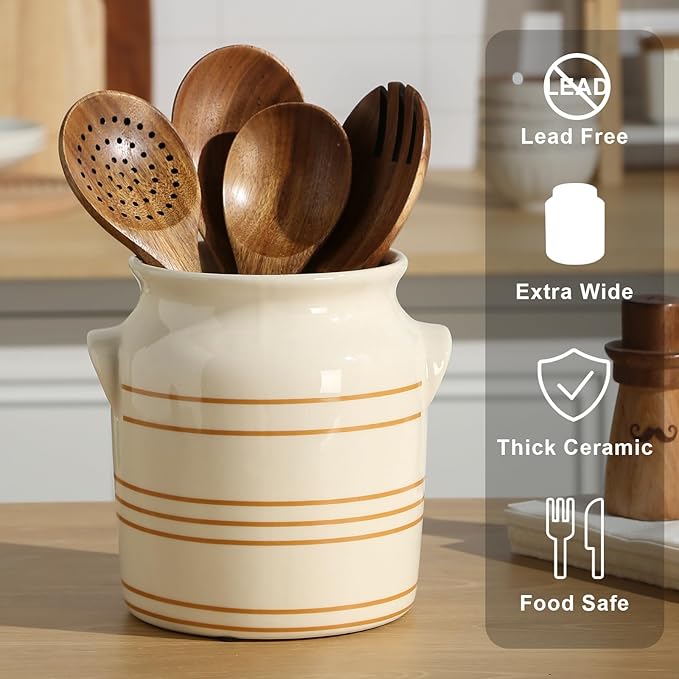 Ceramic Farmhouse Kitchen Utensil Holder for Countertop, Rustic Cooking Utensil Holder Crock Fit for Kitchen Counter. 6*6.8*6.7 IN