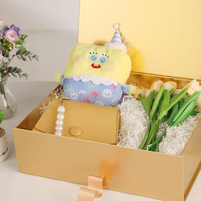 GREEN BEAN 3 Extra Large Gift Boxes with Lid 16.3 x 14.2 x 5 Inches, Gold Magnetic Gift Box with Ribbon for Clothes, Large Presents Christmas Halloween(Glossy Gold)