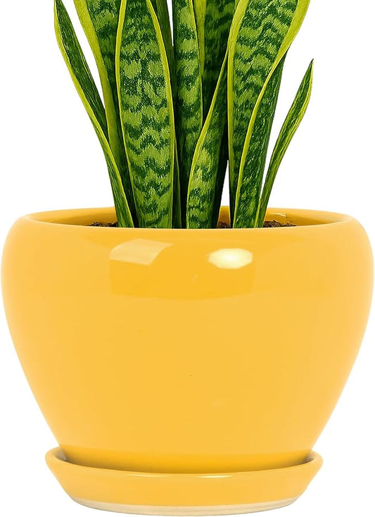 Deep Dream 8 Inch Plant Pots- Ceramic Pots for Plants with Drainage Hole and Saucer, Large Planter Pot for Indoor Plants Outdoor Decor, Yellow