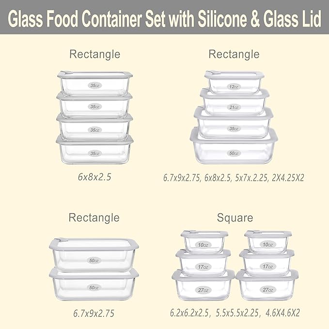 Glass Food Containers with Glass Lid, Microwave Safe Food Storage Container Set, 6 Pack Square Shape, Large Size Airtight Storage Set with Leak Proof Lids, Meal Prep Containers