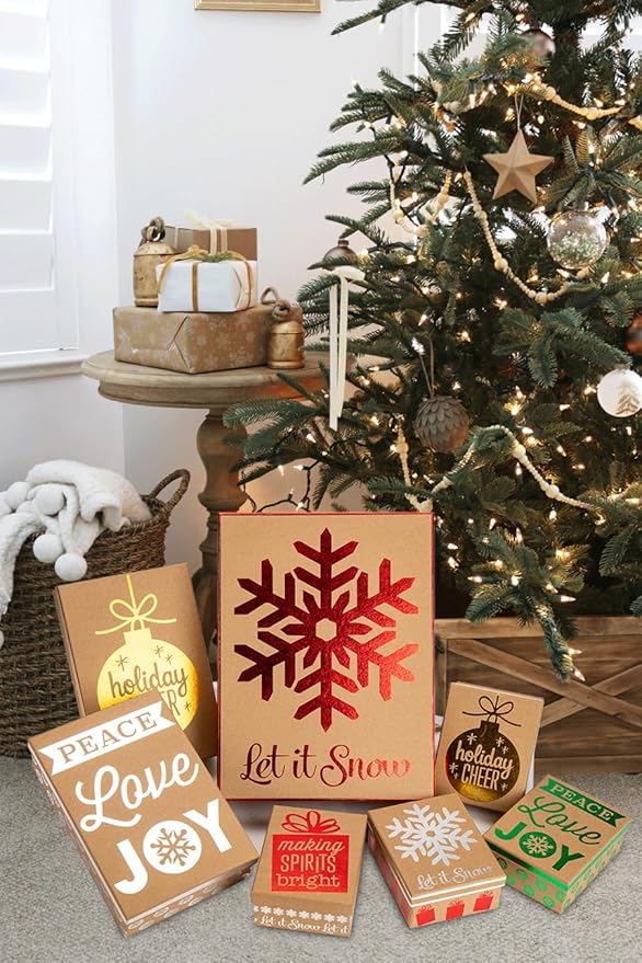 Hollyone 7 Pack Kraft Christmas Gift Boxes with Lids in Assorted Designs Christmas Gift Wrap Boxes Different Sizes Xmas Gift Boxes Shirt Box for Wrapping Xmas Holiday