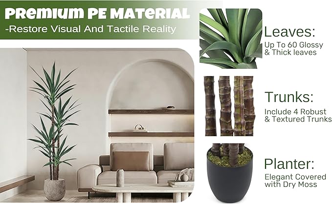 Artificial Agave Plant 6FT with 60 Leaves & 4 Trunks & Elegant Black Pot Realistic Tall Large Fake Faux Modern Tree 70 Inch for Indoor Home Office Porch Mall School Decor Housewarming Gift
