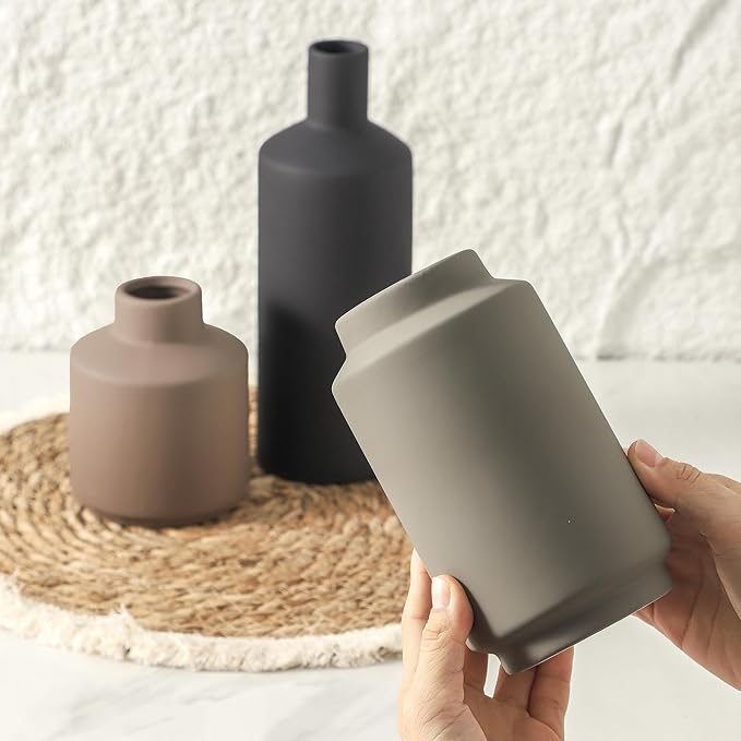 Ceramic Vase Set of 3, Modern Decorative Vases for Home Decor, Small Flower Pottery Vase Sets, Boho Farmhouse Rustic Vases for Living Room, Kitchen, Bedroom, Bathroom, Shelf, Table