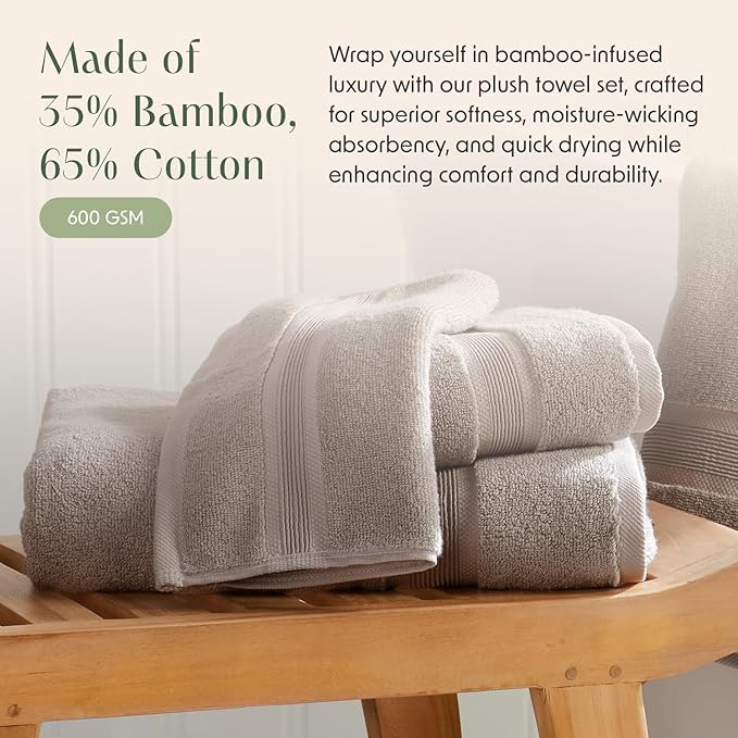 Springtree Home Luxury Bamboo Rayon Bath Towel Set of 4 | 35% Bamboo Rayon - 65% Cotton | Absorbent Quick-Dry Towels for Bathroom | Oeko-TEX Standard 100 Cotton | Cobblestone