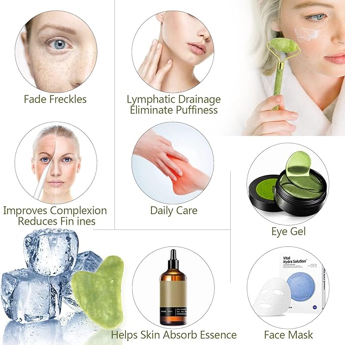 Jade Roller & Gua Sha Set，facial roller，Jade Roller Gua Sha Board Massage Tool Set，Facial Skin Care Roller Massager Muscle Relaxing Wrinkles Relief, Whole Body Relive Devices (green)