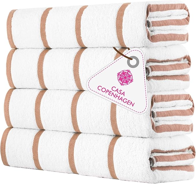 CASA COPENHAGEN Cabana Beach Towel Designed in Denmark Rough and Tough, Quick Dry, Pool, Bath & Shower 30x60 inches 4 Pieces Cotton Beach Bath Towels Set - White Beige Stripe