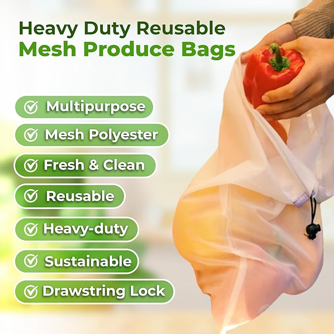 purifyou Set of 9 Reusable Produce Bags, Heavy Duty Washable Mesh Grocery Bag with Drawstring, Ideal for Farmers Market, Beach, and Refrigerator Storage (Extra Large, Large, Small)